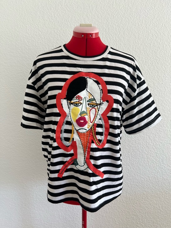 Zara Tops - Zara Black & White Striped Tee with Red Abstract Graphic Tee Small